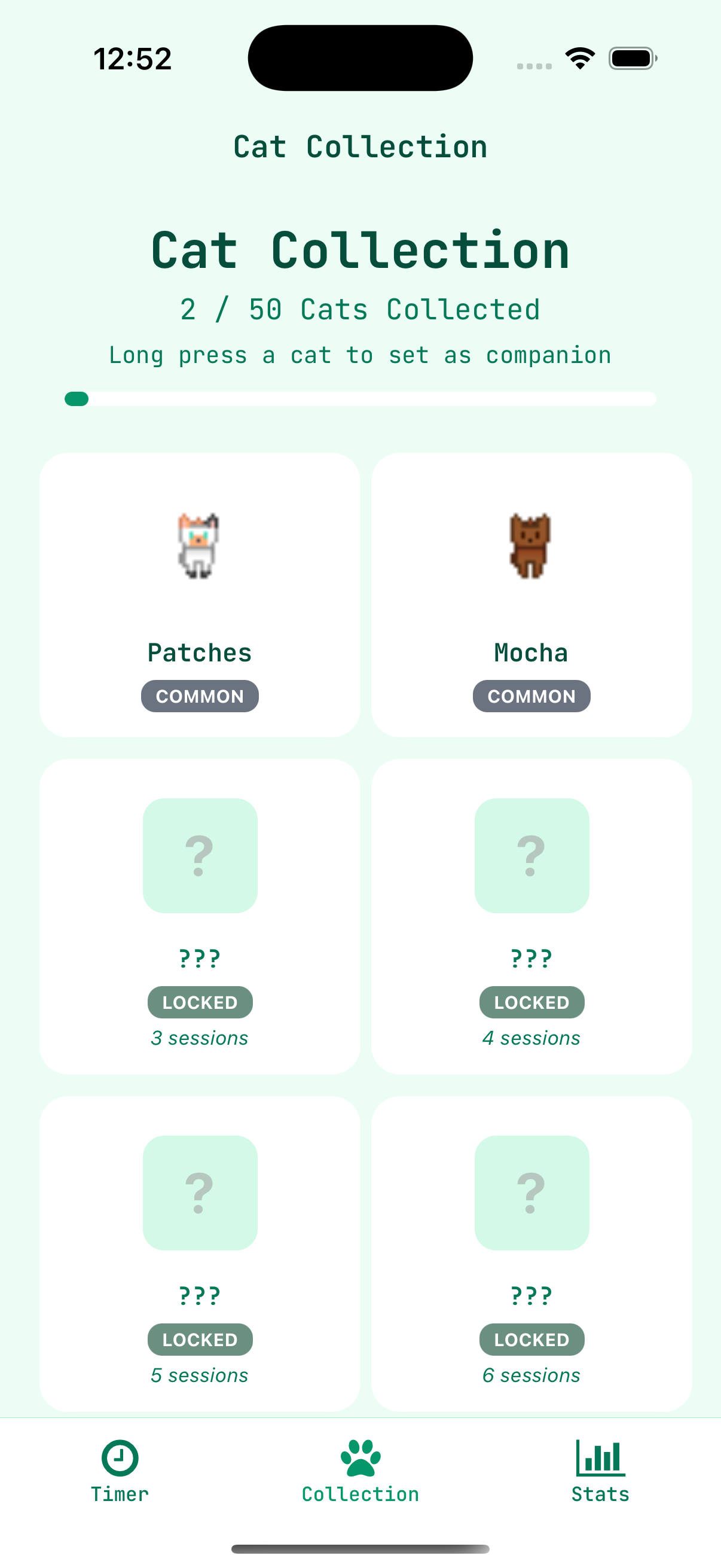 Cat collection and unlocking screen