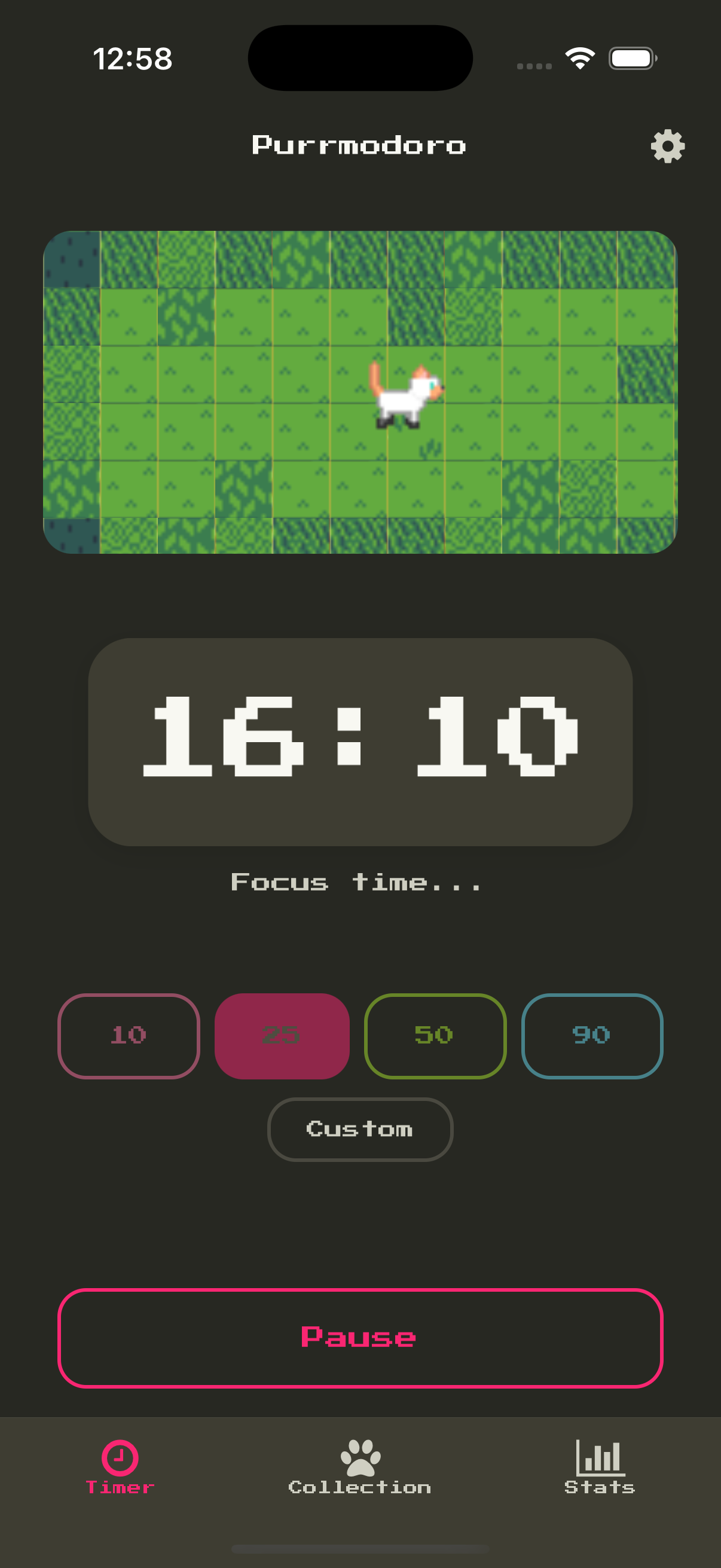 Purrmodoro main timer screen